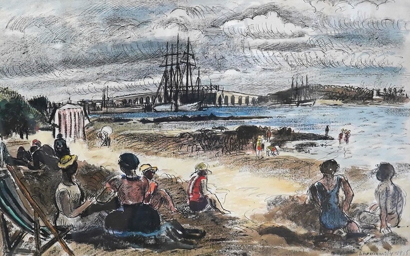 Charles Tcherniawsky (Russian/French, 1900-1976), watercolour and ink, 'Picnic in the Estuary', signed and dated 1935, various labels verso, 31 x 49cm. Condition - fair